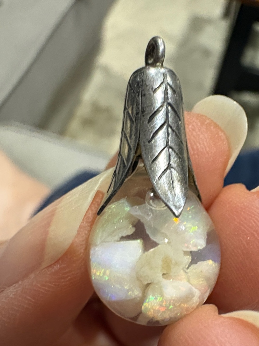 Vintage Floating Opal Teardrop Pendant on Italian Sterling Silver Box Chain